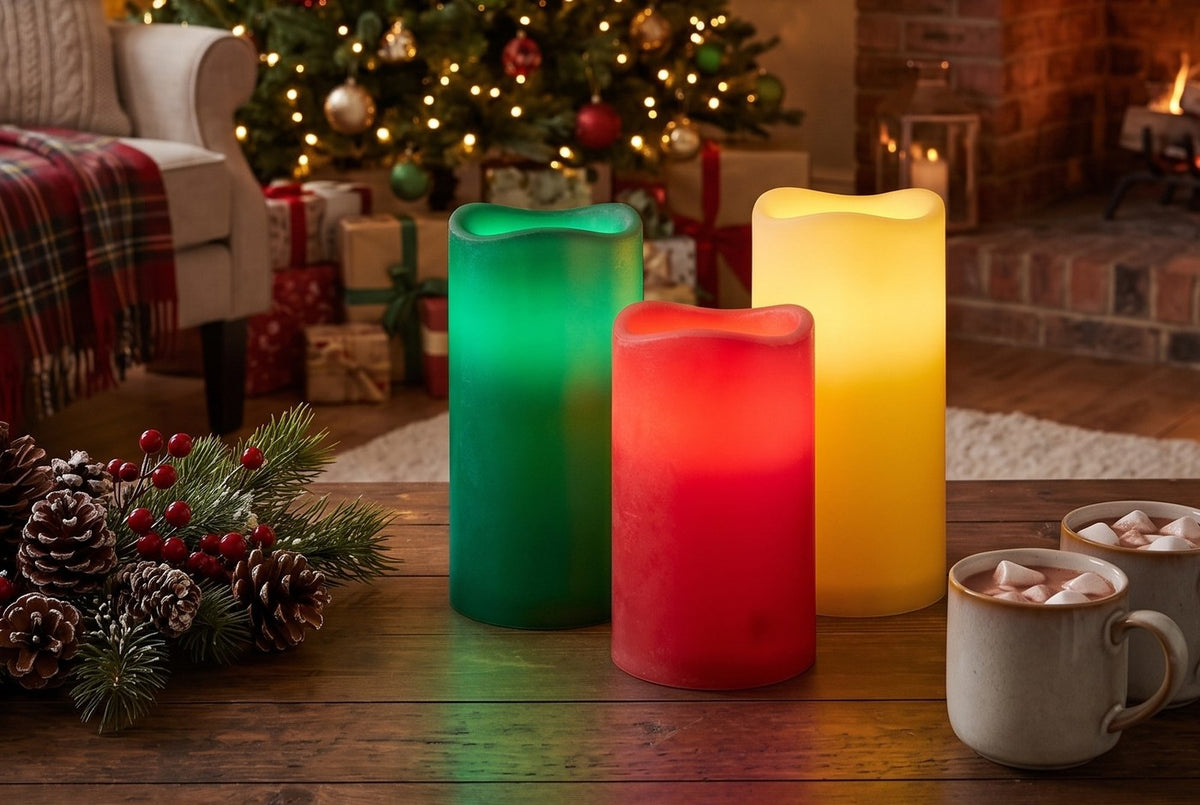 Three glowing candles in front of a Christmas tree