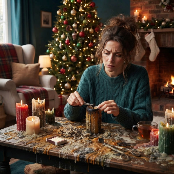 A person trimming messy, used wax candles on a wooden table, representing the hassle of traditional candle maintenance.