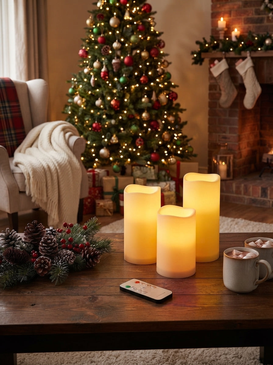 Three glowing LED pillar candles on a wooden table in a cozy living room with a remote control nearby.