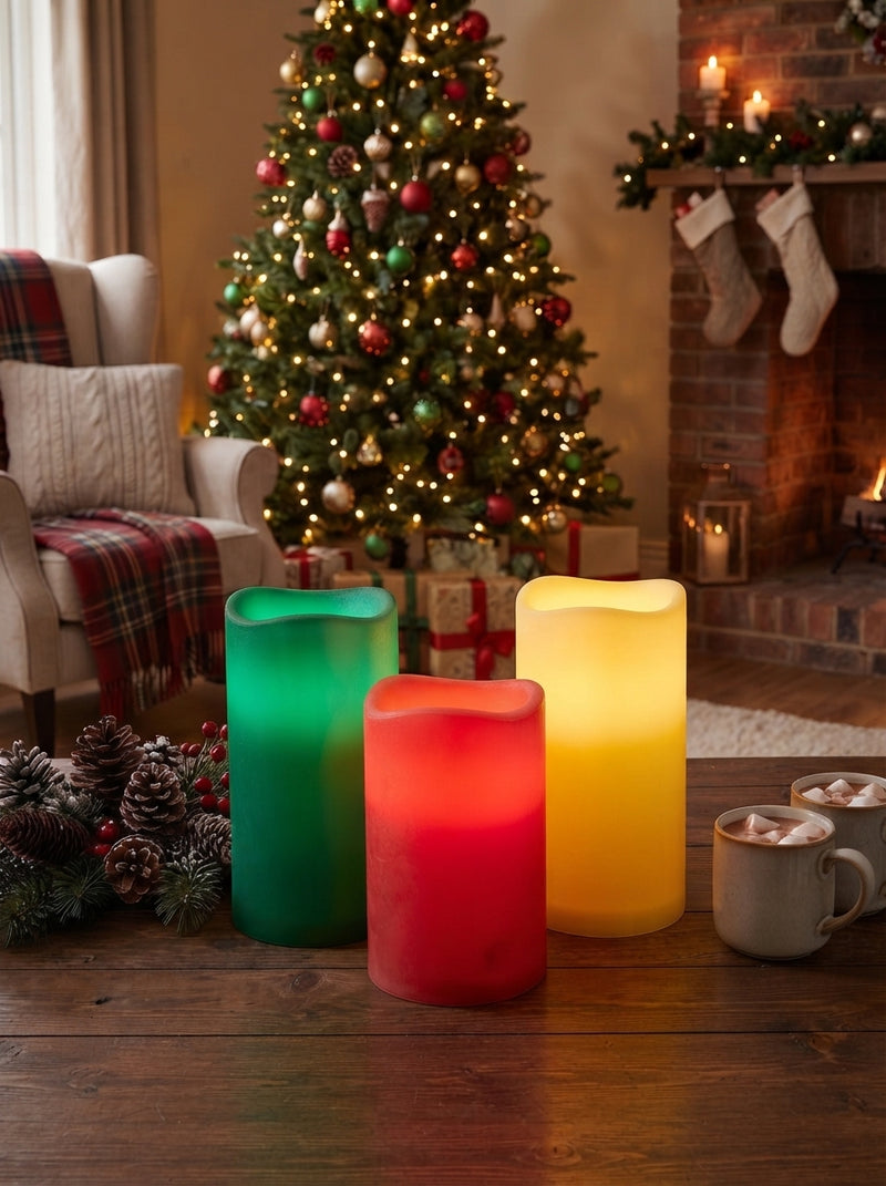 Three glowing LED pillar candles in jewel tones arranged on a festive dining table in a cozy home setting.